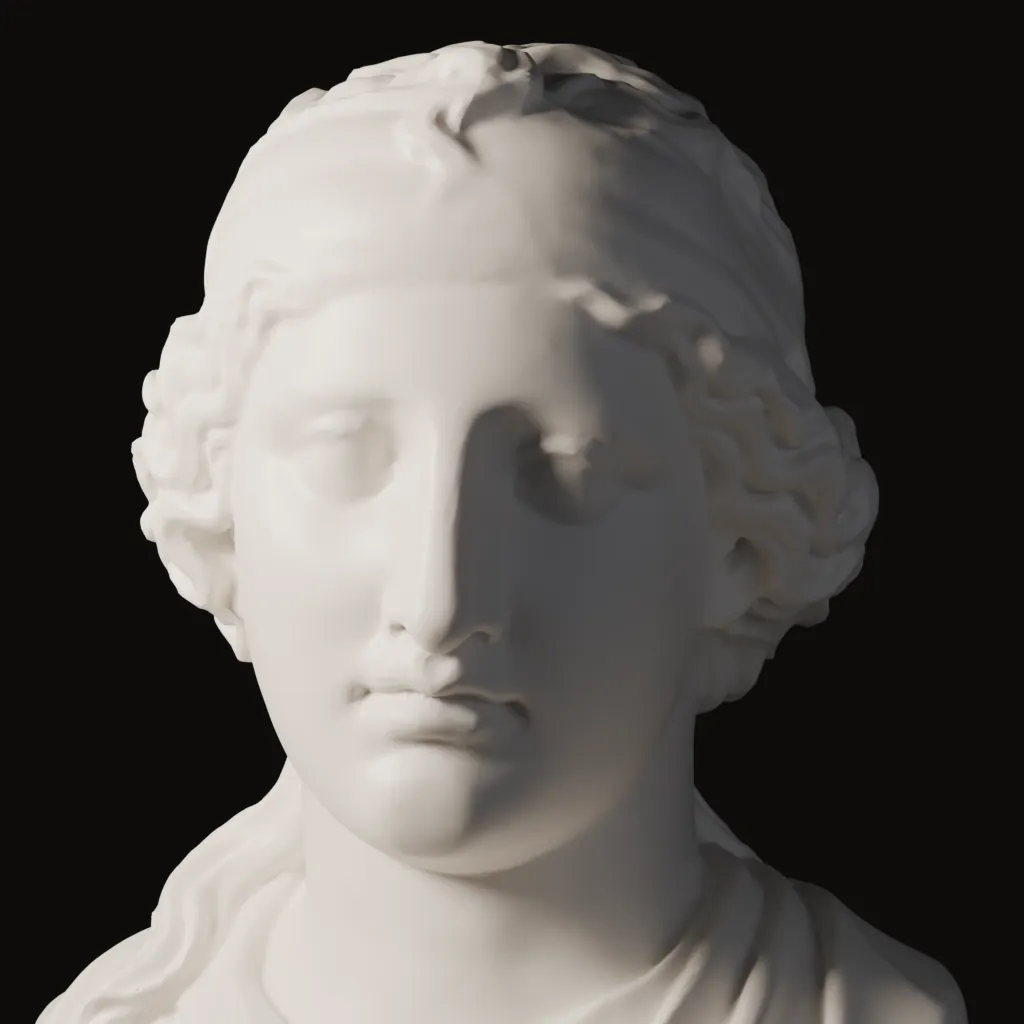 Una testa classica in marmo, Afrodite, illuminata da sinistra: metà del volto nella luce, metà nell’ombra.